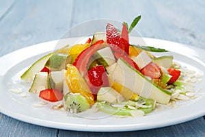 Fruit salad closeup, vegan food.