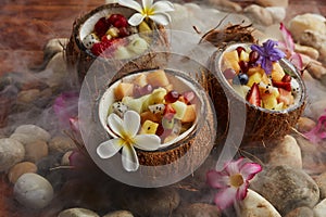 Fruit salad in coconut shell