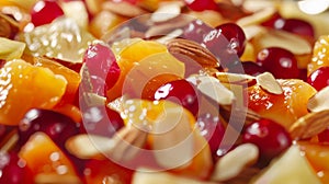 A fruit salad dressed with a citrusy vinaigrette and sprinkled with dried cranberries and toasted almonds