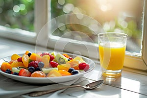 Fruit salad with fresh berries in a ceramic plate on a white marble windowsill with morning light