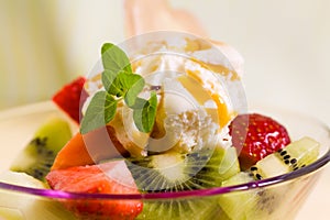 Fruit Salad with Ice Cream,kiwi,strawberry,papaya