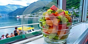 A fruit salad made from a mixture of tropical fruits, against a bright beach party and dancin