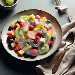 fruit salad on a plate surrounded by a napkin and cutlery