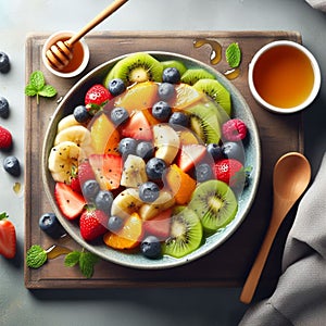 fruit salad on a plate surrounded by a napkin and cutlery