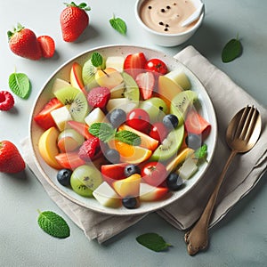 fruit salad on a plate surrounded by a napkin and cutlery