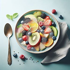 fruit salad on a plate surrounded by a napkin and cutlery