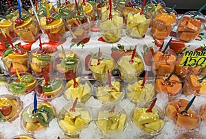 Fruit salad for sale at Boqueria market