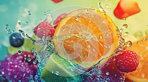 A fruit salad with a slice of orange and a raspberry