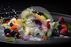 Fruit salad with whipped cream and fresh berries on a black background