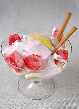 Fruit salad of yogurt watermelon bananas peach