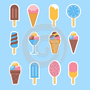 Fruit scoop of ice cream in waffle cone sticker pack icon, flat design vector illustration set of sticker icons on blue background