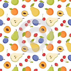 Fruit seamless pattern. Garden fruits and berries on a white background.
