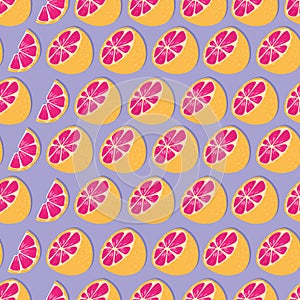 Fruit seamless pattern, grapefruit halves and slices on purple background. Summer vibrant design. Exotic tropical fruit