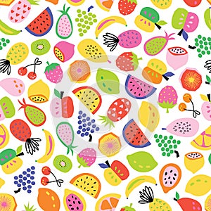 Fruit seamless pattern hand drawn. Vector repeat background for colorful summer fabric. Cute healthy fruit salad abstract paper