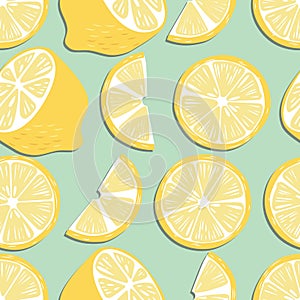 Fruit seamless pattern, lemon slices and halves on mint green background. Summer vibrant design. Exotic tropical fruit photo