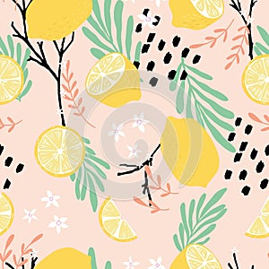 Fruit seamless pattern, lemons with branches, leaves and flowers on pink background. Summer vibrant design. Exotic tropical fruit