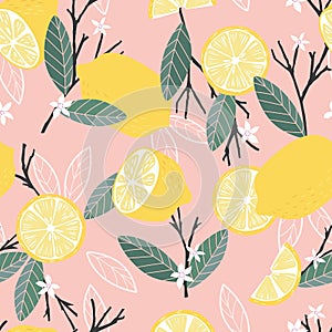 Fruit seamless pattern, lemons with branches and leaves on pink background, summer vibrant design. Exotic tropical fruit