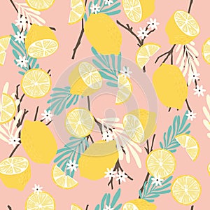 Fruit seamless pattern, lemons with branches, tropical leaves and flowers on pink background. Summer vibrant design