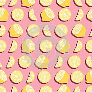 Fruit seamless pattern, lemons with shadow on pink background. Summer vibrant design. Exotic tropical fruit. Colorful vector