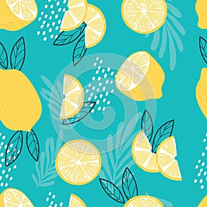 Fruit seamless pattern, lemons with tropical leaves and abstract elements on bright blue background. Summer vibrant design