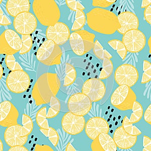 Fruit seamless pattern, lemons with tropical leaves and abstract elements on light blue background. Summer vibrant design