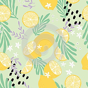 Fruit seamless pattern, lemons with tropical leaves, flowers and abstract elements on light green background