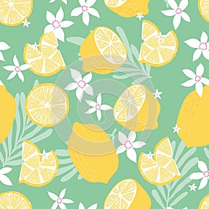 Fruit seamless pattern, lemons with tropical leaves and flowers on green background. Summer vibrant design. Exotic tropical fruit