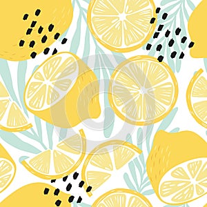 Fruit seamless pattern, lemons on white background with tropical leaves and abstract elements. Summer vibrant design