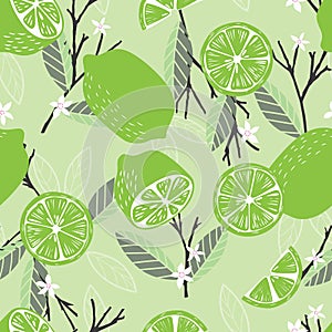 Fruit seamless pattern, lime with branches, leaves and flowers on light green background. Summer vibrant design. Exotic tropical