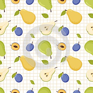 Fruit seamless pattern. Pears and plums on a checkered background.