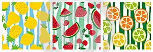 Fruit seamless pattern set. Pineapple, pear, apple, watermelon, cherry, strawberry, orange, lemon and lime. Fashion design. Food