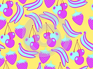 Fruit seamless pattern. Summer background with bananas, strawberries and cherries. Tropical design. Vector