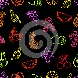 Fruit seamless pattern, vector background. Bright multicolored contour fruits and berries on a black background. For