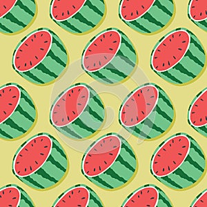 Fruit seamless pattern, watermelon halves with shadow on mint green background. Summer vibrant design. Exotic tropical fruit