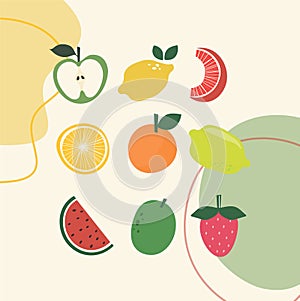 Fruit seamless simple icon set, vector illustration in flat style, abstract background