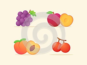 Fruit set collection grape plum peach cherry slice whole fresh juicy vitamin nutrition fiber white isolated background