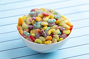 Fruit Shaped Breakfast Cereal on a Blue Table