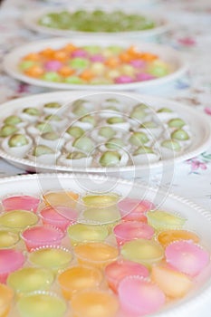 Fruit Shaped Mung Beans in Jelly close up in white foam dish, Wun Look Choup Thai sweets