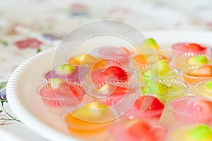 Fruit Shaped Mung Beans in Jelly close up in white foam dish, Wun Look Choup Thai sweets