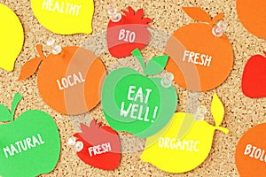 Fruit shaped paper note on pinboard - Healthy eating concept