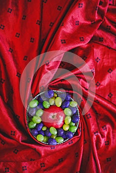 Fruit on silk fabric thank grapes Apple