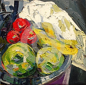 Fruit in silver bowl expressionism acrylic oil painting