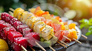 Fruit skewers with assorted colorful fruits on a plate.