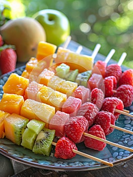 Fruit skewers with assorted fresh fruits on a plate.