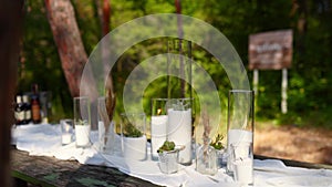 Fruit slices plate under fly mesh food tent cover on wedding party banquet catering outdoors in forest. Dining table