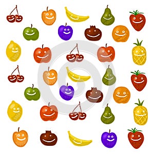 Fruit smiling characters colorful vector illustration background, apple, pear, orange, apricot, plum, pineapple, cherry, strawberr