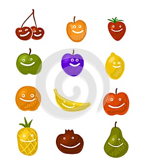 Fruit smiling characters colorful vector illustration background, apple, pear, orange, apricot, plum, pineapple, cherry, strawberr