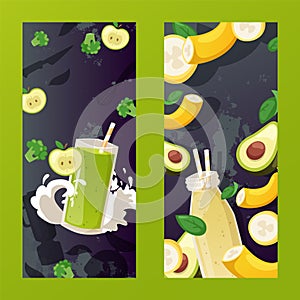 Fruit smoothie cafe banner, summer cocktail menu, vector illustration