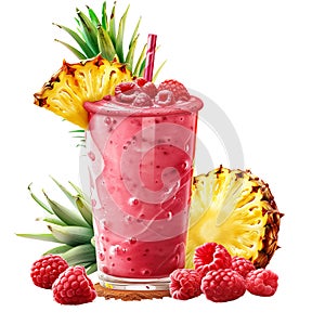 Fruit smoothie with raspberry and pineapple isolated on transparent background.