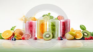 Fruit smoothies in glass with splashes and fruits on white background